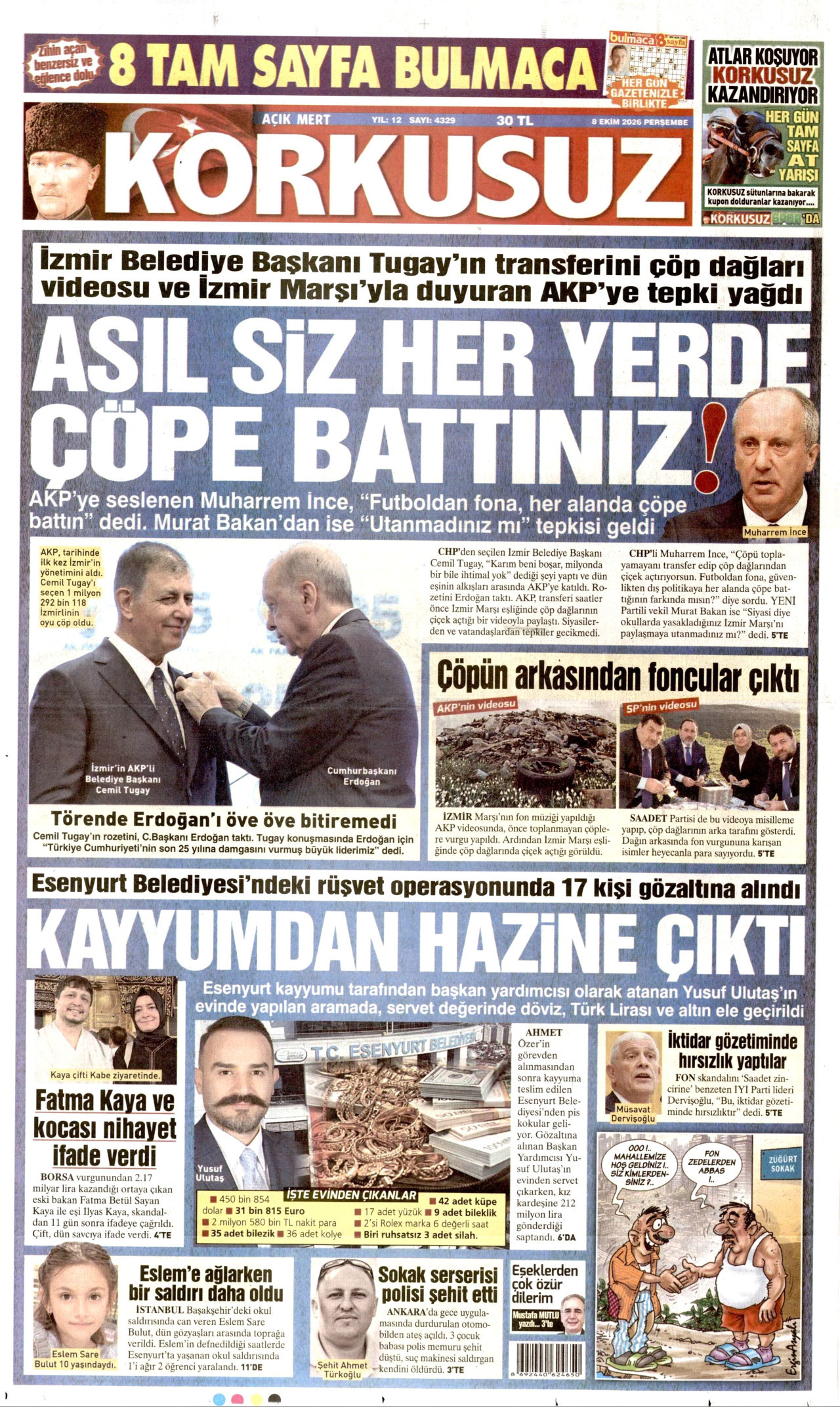 KORKUSUZ gazetesinin 8 Ekim 2026 tarihli birinci sayfası