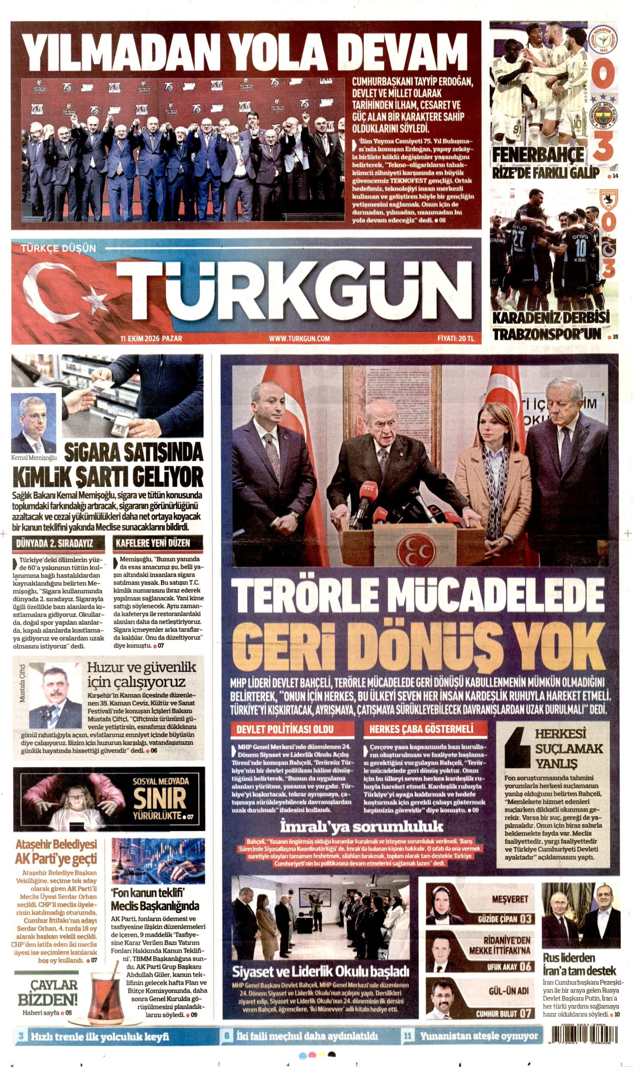 TÜRKGÜN gazetesinin 11 Ekim 2026 tarihli birinci sayfası