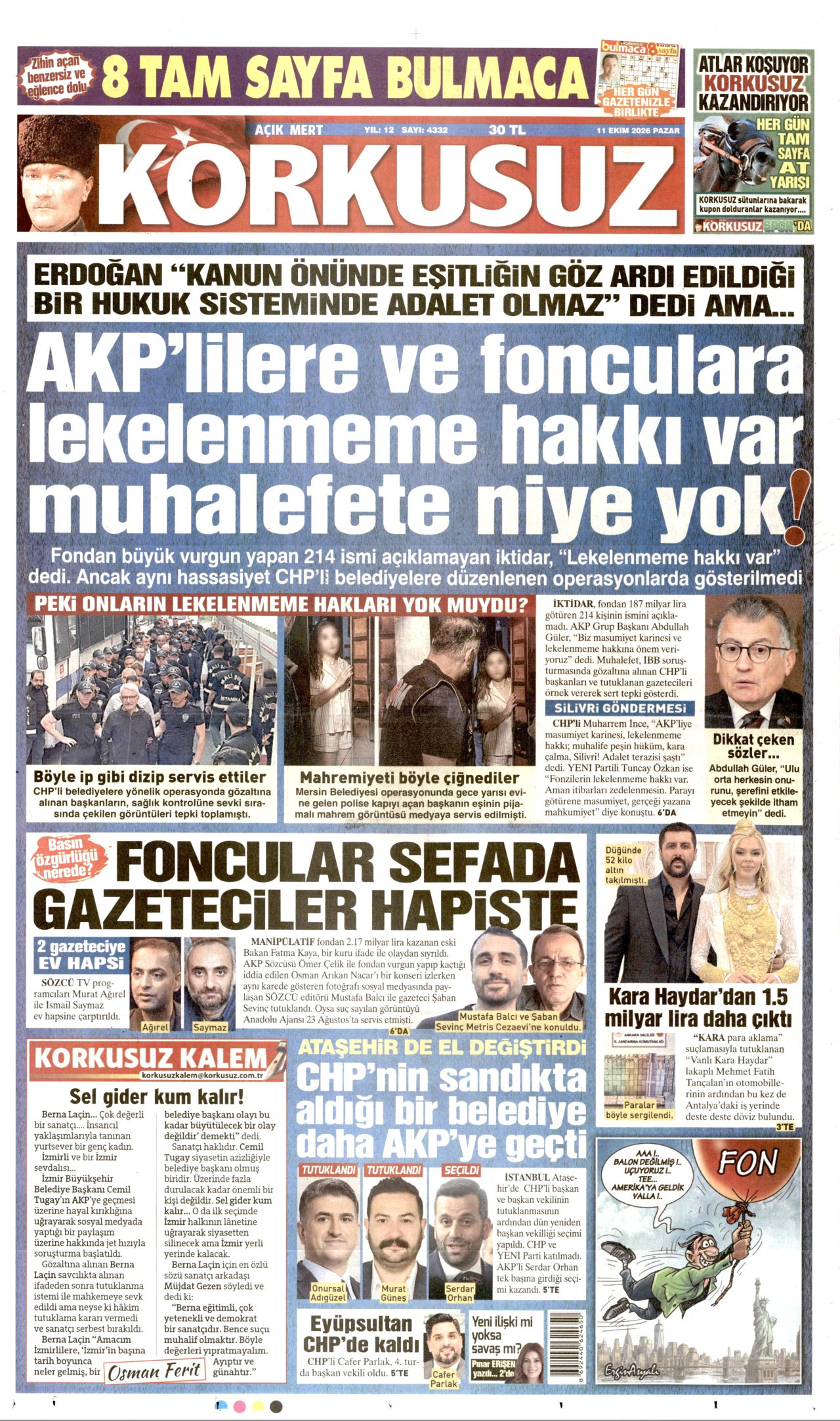 KORKUSUZ gazetesinin 11 Ekim 2026 tarihli birinci sayfası
